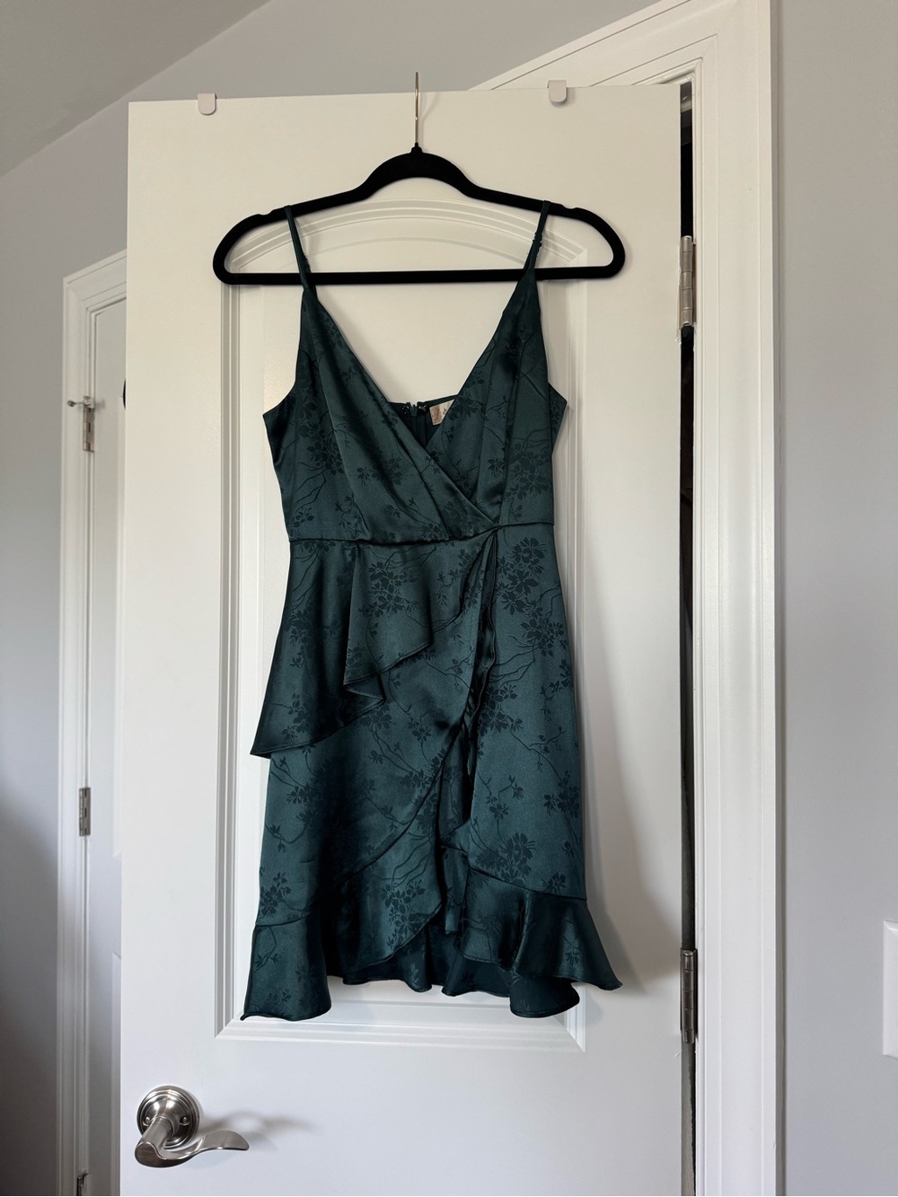 Altar'd State Emerald Floral Satin Ruffle Mini Dress